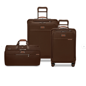 Briggs & Riley limited-edition chocolate luggage set featuring durable suitcases with sleek design and branded handles.