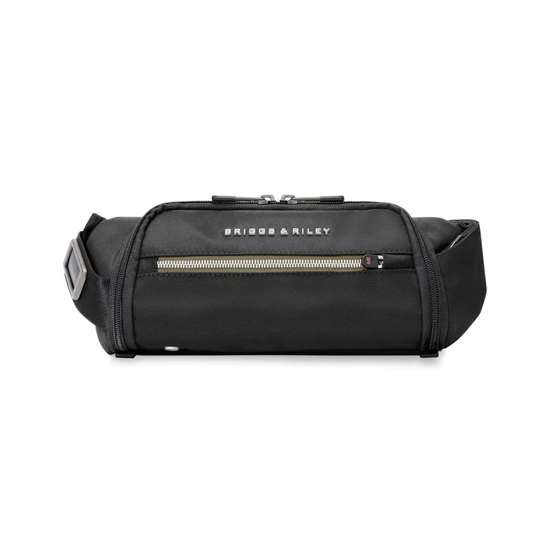 Briggs & Riley HTA sling bag in black with adjustable strap and multiple compartments, designed for comfortable everyday carry.