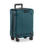 Briggs & Riley Torq domestic carry-on spinner suitcase with four wheels and modern black design, viewed from front angle.