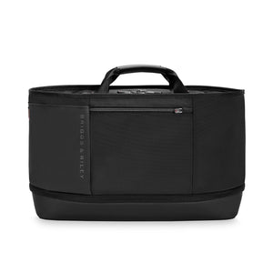 Briggs & Riley ZDX expandable overnighter tote bag with handles and zippered compartments, made of durable fabric.