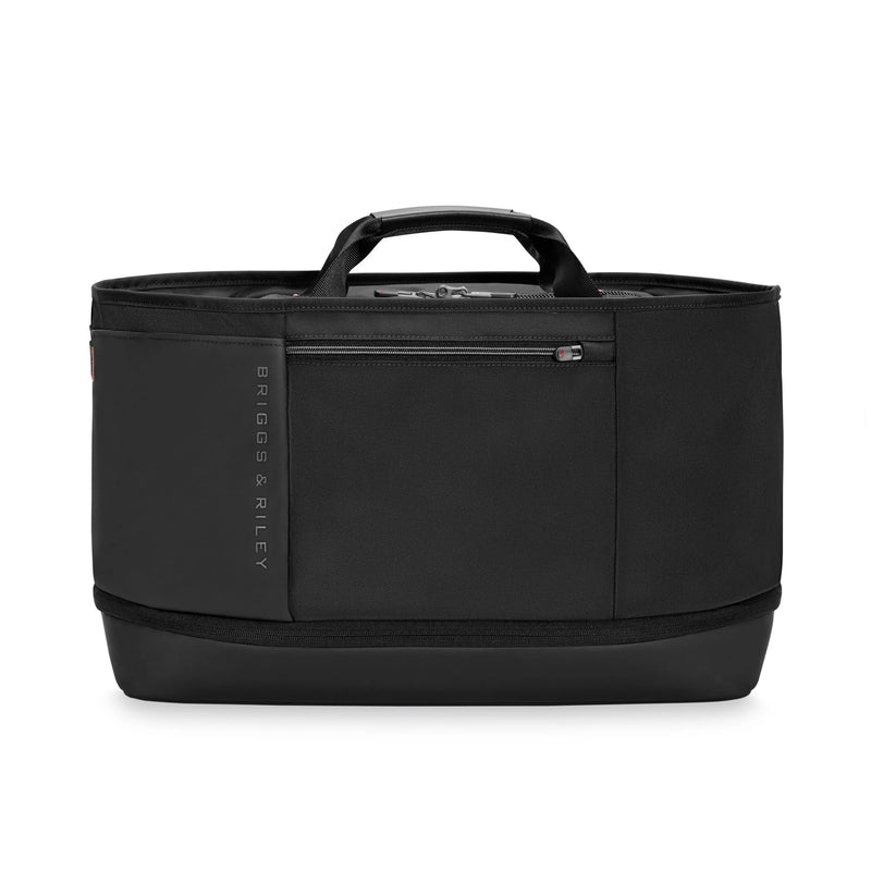 Briggs & Riley ZDX expandable overnighter tote bag with handles and zippered compartments, made of durable fabric.