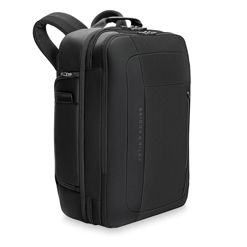 Briggs & Riley ZDX large convertible backpack duffel shown from an angle, featuring multiple compartments and adjustable straps.