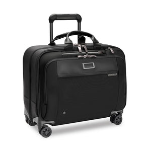 Briggs & Riley @work large spinner briefcase with four wheels, durable design, and multiple compartments for professional travel.