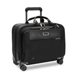 Black Briggs & Riley @work large spinner briefcase with wheels and multiple compartments for professional travel and organization.