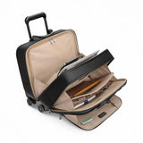 Black Briggs & Riley @work large spinner briefcase with four wheels and sturdy handle for easy travel and organization.