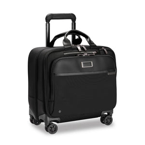 Briggs & Riley @work medium spinner briefcase with wheels, black nylon exterior, and multiple compartments for business travel.