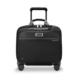 Briggs & Riley @work medium spinner briefcase with four wheels, front view showing sleek design and durable construction.