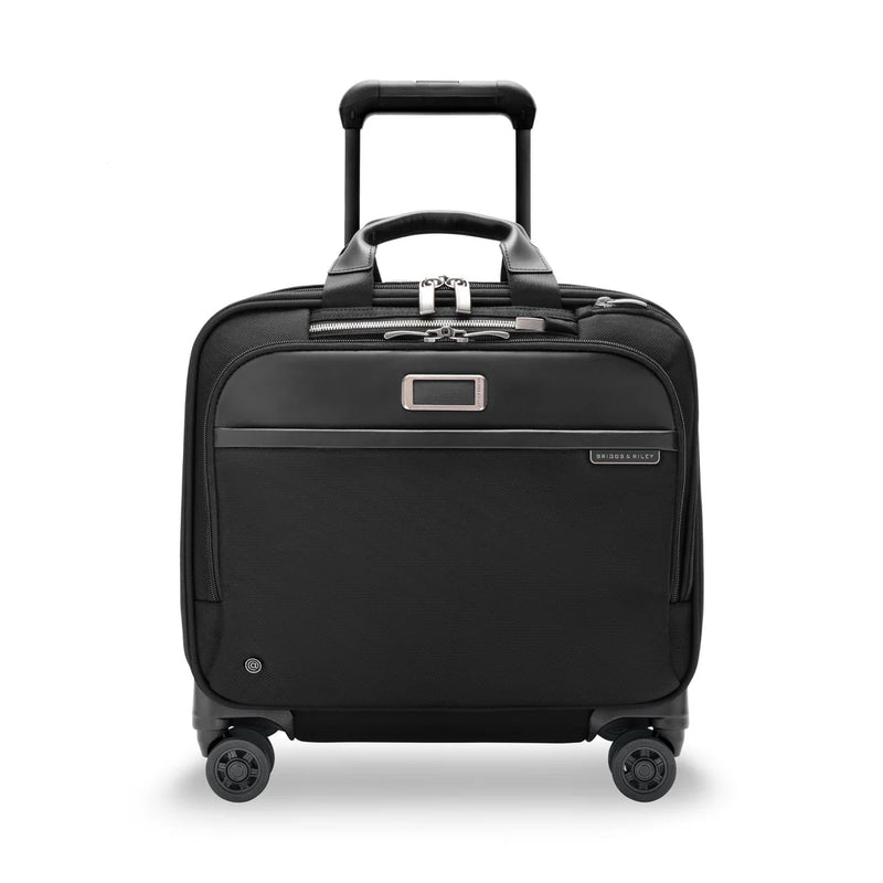 Black Briggs & Riley @work medium spinner briefcase with wheels, designed for professional travel and organization.