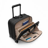 Black Briggs & Riley @work medium spinner briefcase with wheels, spacious interior, and durable design for professional travel.