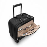 Black Briggs & Riley @work medium spinner briefcase with wheels, designed for professional use and organized storage.