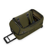 Folded Briggs & Riley ZDX medium upright wheeled duffel showing its compact design and durable exterior.