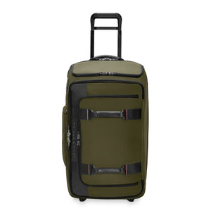 Briggs & Riley ZDX medium upright wheeled duffel bag with front pocket and sturdy wheels, black nylon exterior, front view.