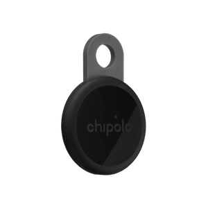 Charcoal Chipolo Loop key finder attached to a set of keys, showcasing its compact design and keyring attachment.