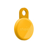 Charcoal Chipolo Loop key finder attached to keys, showing its slim design and circular shape in a close-up image