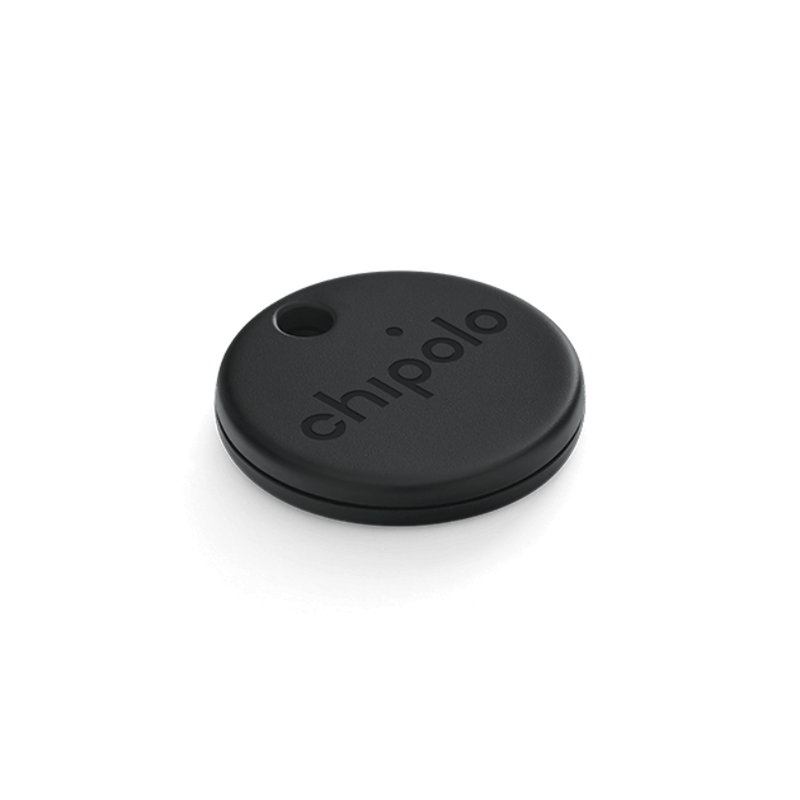 Chipolo ONE Spot Bluetooth tracker for Apple devices, small round key finder with light background and keyring attachment.