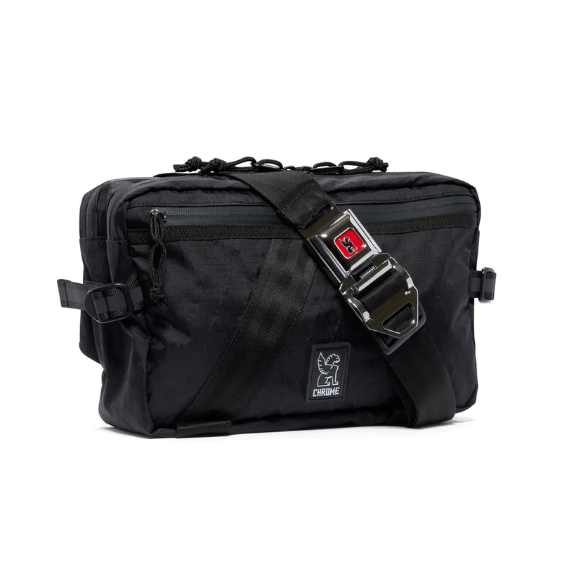 Black Chrome tensile sling bag with adjustable strap and multiple compartments, ideal for urban commuting and daily use.