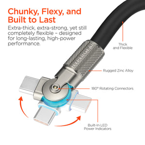 HyperGear Chunky180° 100W USB-C to USB-C rugged fast charge cable, 12ft long, with reinforced connectors and durable design.