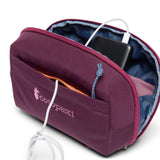 Cotopaxi Viaje Tech Organizer in black with multiple compartments for cables, chargers, and electronic accessories.