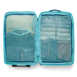 Cotopaxi 65L roller checked luggage bag with durable wheels and handle, black color, designed for travel and easy transport.