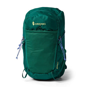 Cotopaxi Elqui 24L backpack in vibrant kale green with multiple compartments and adjustable straps on a plain background.