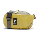Cotopaxi Coso 2L Hip Pack waist bag in lemongrass and stone colors, featuring adjustable strap and zippered main compartment.