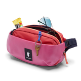 Cotopaxi Coso 2L Hip Pack waist pack in sangria strawberry color with adjustable strap and zippered main compartment.