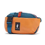 Cotopaxi Coso 2L Hip Pack waist pack in Tamarindo and Abyss colors, with adjustable strap and zippered main compartment.