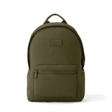 Dark moss green Dagne Dover Dakota neoprene large backpack with front pocket and adjustable straps, shown from the front.