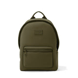 Dagne Dover Dakota Neoprene Backpack in dark moss color, medium size, with front pocket and adjustable straps.