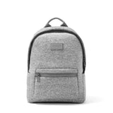 Dagne Dover Dakota Neoprene Backpack in Heather Grey, medium size, front view showing sleek design and sturdy straps.
