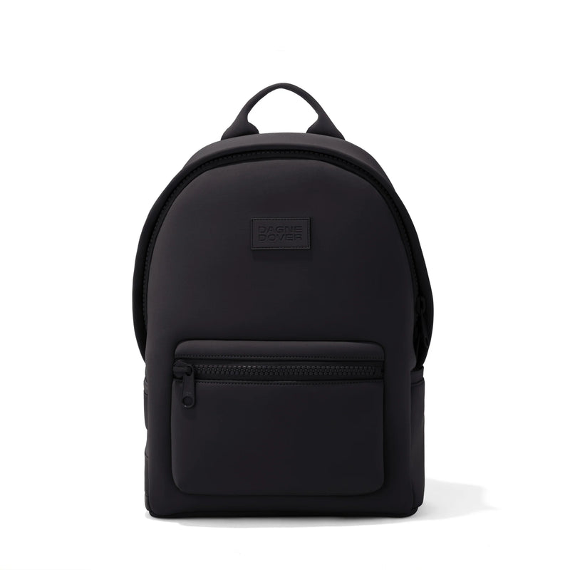 Medium Dagne Dover Dakota Neoprene Backpack in Onyx, showing the front view with sleek design and adjustable straps.