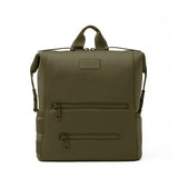 Dark moss green Dagne Dover Indi neoprene diaper backpack with front zipper pocket, large size, and adjustable straps.