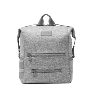 Dagne Dover Indi Neoprene Diaper Backpack in Heather Grey, large front view showing sleek design and multiple compartments