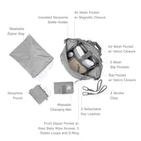 Large Dagne Dover Indi Neoprene Diaper Backpack with top handle and multiple compartments, shown from a top view.
