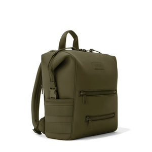 Dark moss green Dagne Dover Indi neoprene diaper backpack with multiple compartments, medium size, showing the backpack's front view.