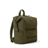 Dark moss green Dagne Dover Indi neoprene diaper backpack with multiple compartments, medium size, showing the backpack's front view.