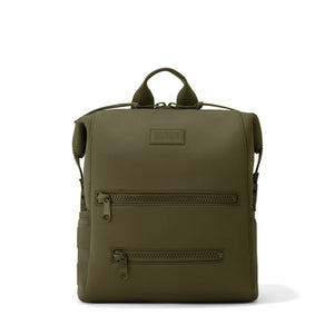 Dagne Dover Indi Neoprene Diaper Backpack in dark moss color, medium size, front view showing sleek design and structured shape