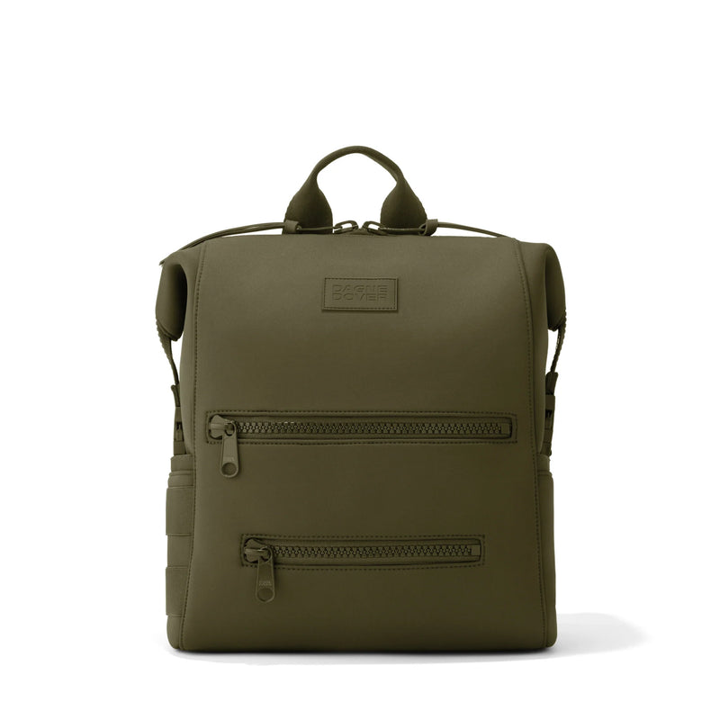 Dagne Dover Indi Neoprene Diaper Backpack in dark moss color, medium size, front view showing sleek design and structured shape