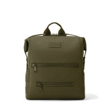 Dagne Dover Indi Neoprene Diaper Backpack in dark moss color, medium size, front view showing sleek design and structured shape