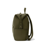 Dagne Dover Indi Neoprene Diaper Backpack in Dark Moss, medium size, shown from side view with multiple compartments.