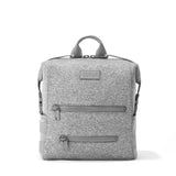 Dagne Dover Indi Neoprene Diaper Backpack in Heather Grey, medium size, front view showing multiple compartments and sleek design.