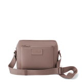 Dagne Dover Micah neoprene crossbody bag in black, featuring a sleek design with adjustable strap and zippered pocket.