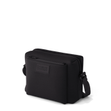 Dagne Dover Micah neoprene crossbody bag in black, showing the sleek design and adjustable strap.