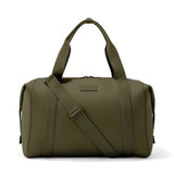 Dagne Dover Landon Neoprene Carryall Bag in dark moss, large duffel bag with front zipper pocket and sturdy handles.