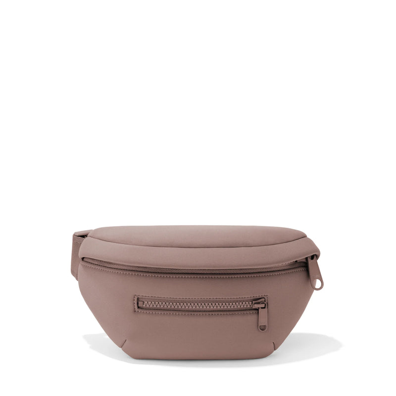 Dagne Dover Ace Neoprene Fanny Pack in dune color, featuring adjustable strap and compact design, ideal for hands-free carrying.