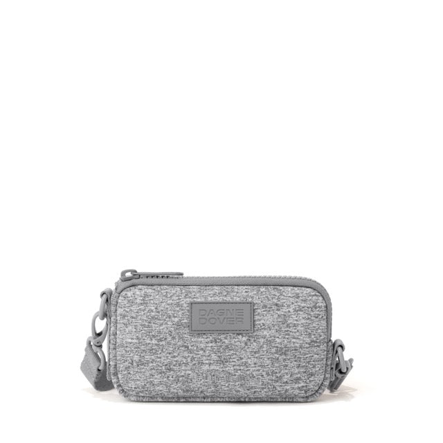 Dagne Dover Mara phone sling in Heather Grey, featuring a sleek neoprene design with front pocket and adjustable strap.