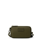 Dark moss Dagne Dover Mara phone sling with neoprene material, front view showing sleek, compact design and adjustable strap.