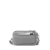 Dagne Dover Mara Phone Sling in Heather Grey, made of neoprene, shown from the back with adjustable strap and compact design