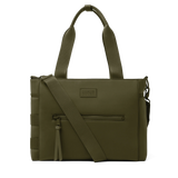 Dark moss Dagne Dover Wade diaper tote bag with multiple compartments and sturdy handles, designed for parents on the go.