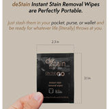 DeCrease Destain stain removal wipes in a pack, featuring convenient, portable cleaning wipes for stain removal.